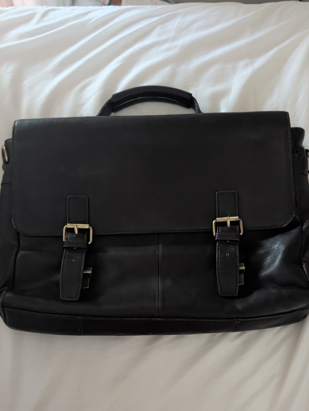 Men's Black Brown Leather Briefcase Messenger Bag with gold accents